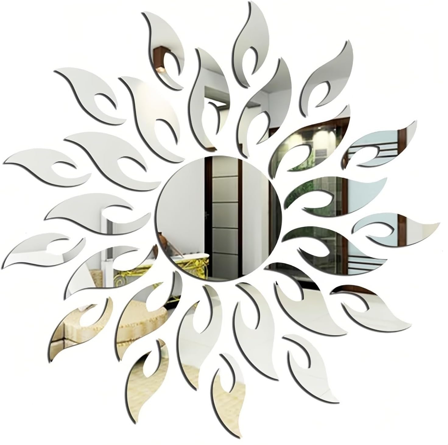 Sun Flower 3D Mirror Wall Stickers Sun Pattern Wall Stickers DIY round Flower Sunflower Removable Acrylic Modern Home Decoration Art (Silver)