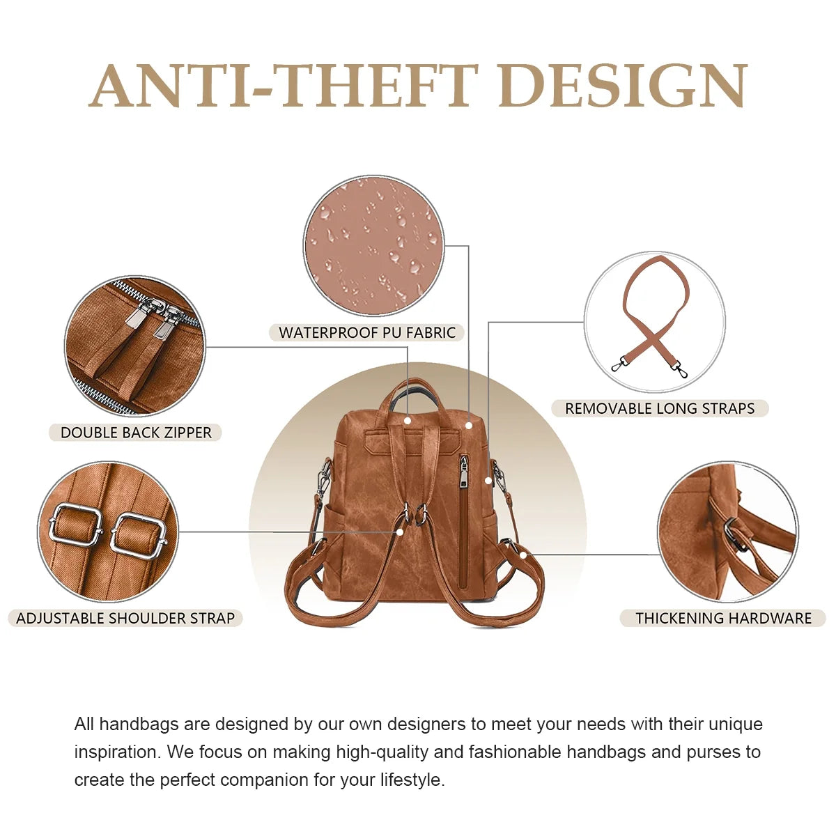 Women's Waterproof PU Leather Backpack Purse, Casual Brown Shoulder Handbag