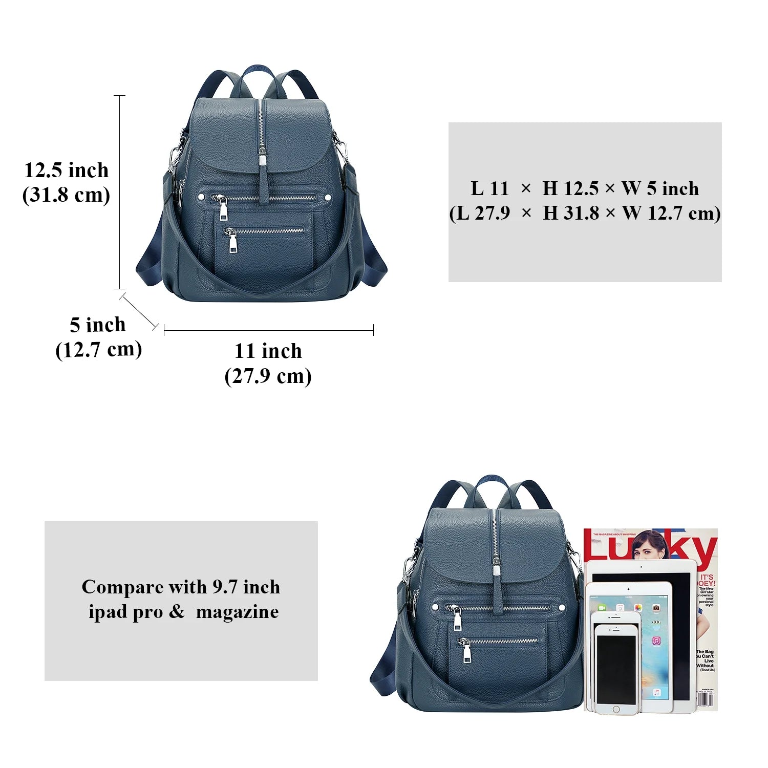 Real Leather Backpack Purse for Women Fashion Casual Shoulder Bag S107 Indigo Blue