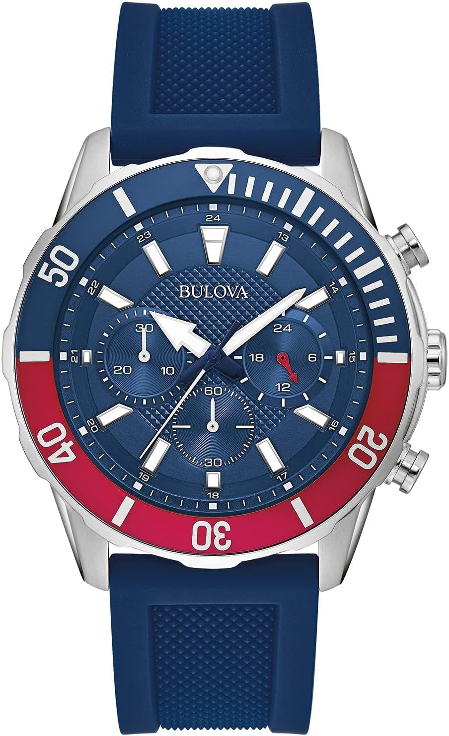 Men'S Sport 6-Hand Chronograph Quartz Watch with Silicone Strap, 24 Hour Time, Calendar Date, Luminous Hands and Markers, 100M Water Resistant, 44Mm Style: 98A288