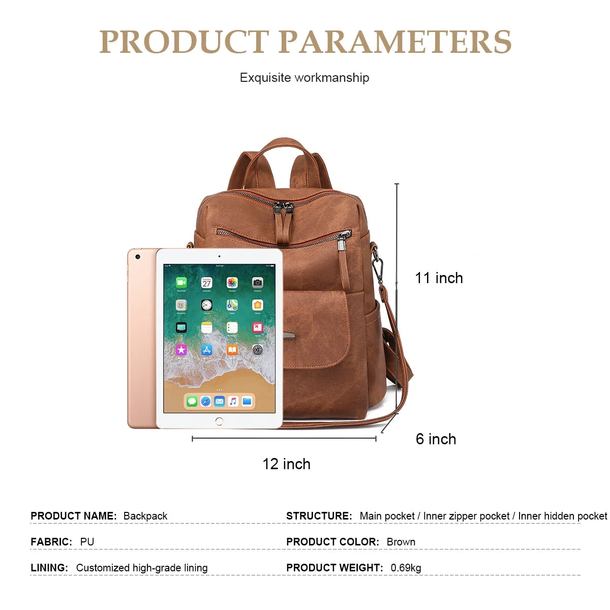 Women's Waterproof PU Leather Backpack Purse, Casual Brown Shoulder Handbag