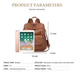 Women's Waterproof PU Leather Backpack Purse, Casual Brown Shoulder Handbag