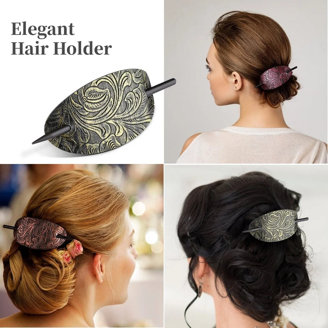 6PCS Hair Clips with Wooden Sticks, Classical Vintage Faux Leather Oval Hair Clips with Wooden Push Bars, Bohemian Ponytail Holders Hair Accessories for Women Girls