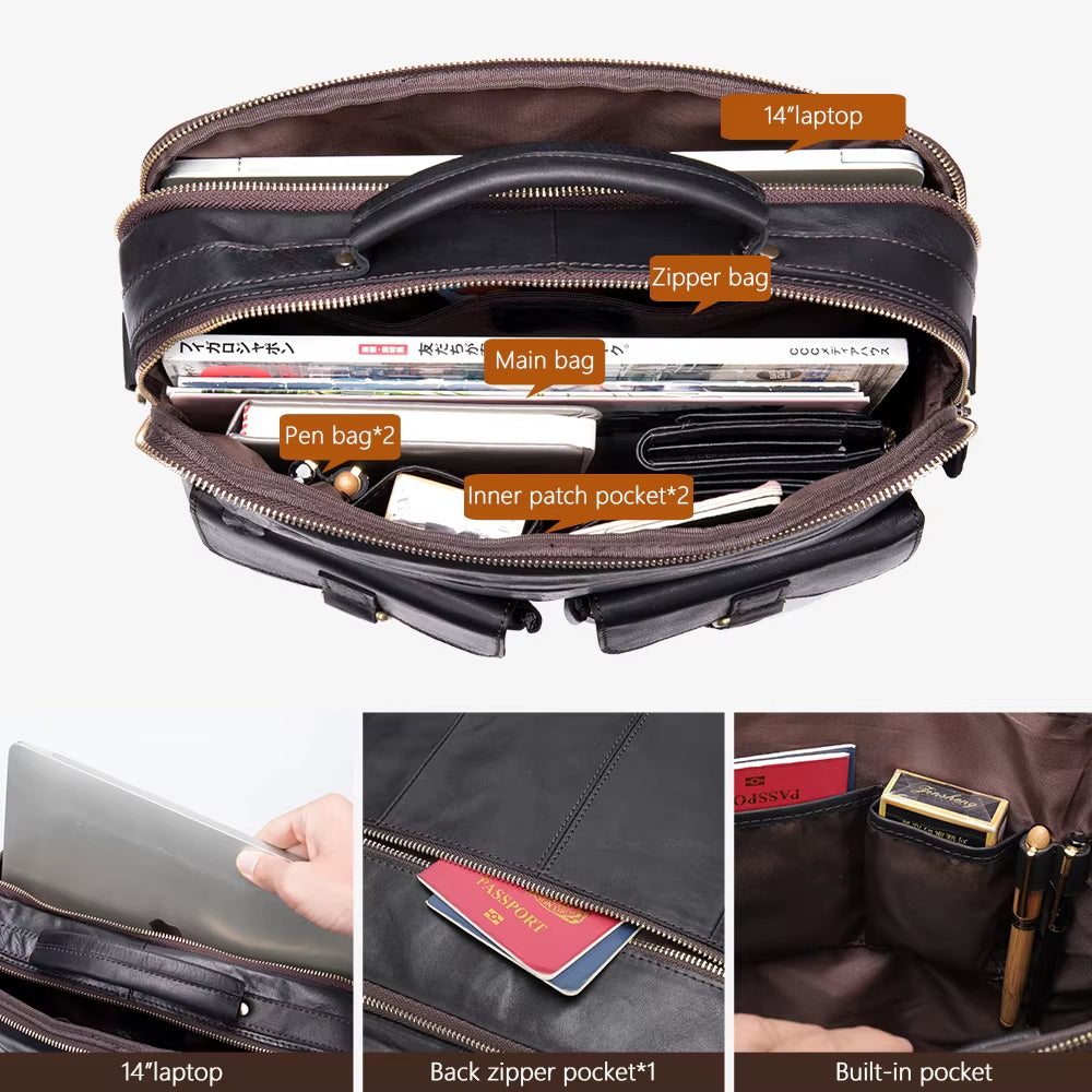 100% Leather Laptop Bag 15.6 Men'S Briefcases Genuine Leather Shoulder Bag for Men Handbags Designer Bags for Document A4