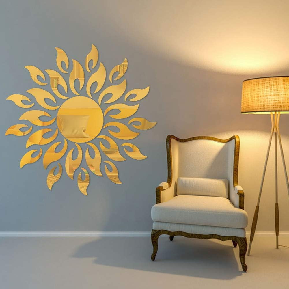 Sun Flower 3D Mirror Wall Stickers Sun Pattern Wall Stickers DIY round Flower Sunflower Removable Acrylic Modern Home Decoration Art (Silver)