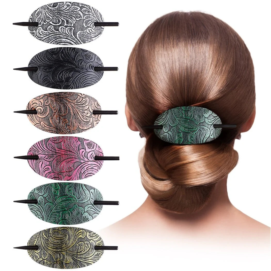 6PCS Hair Clips with Wooden Sticks, Classical Vintage Faux Leather Oval Hair Clips with Wooden Push Bars, Bohemian Ponytail Holders Hair Accessories for Women Girls