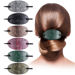 6PCS Hair Clips with Wooden Sticks, Classical Vintage Faux Leather Oval Hair Clips with Wooden Push Bars, Bohemian Ponytail Holders Hair Accessories for Women Girls