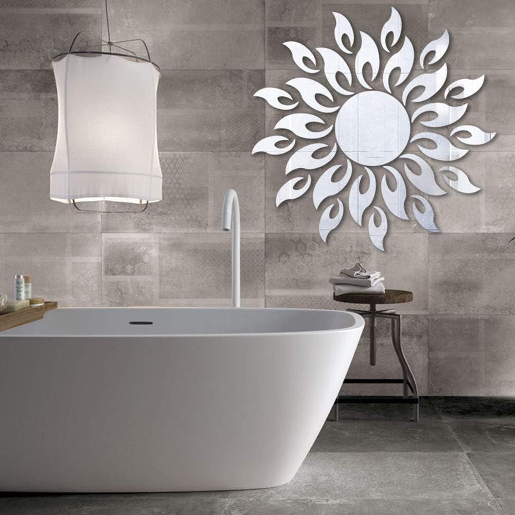 Sun Flower 3D Mirror Wall Stickers Sun Pattern Wall Stickers DIY round Flower Sunflower Removable Acrylic Modern Home Decoration Art (Silver)