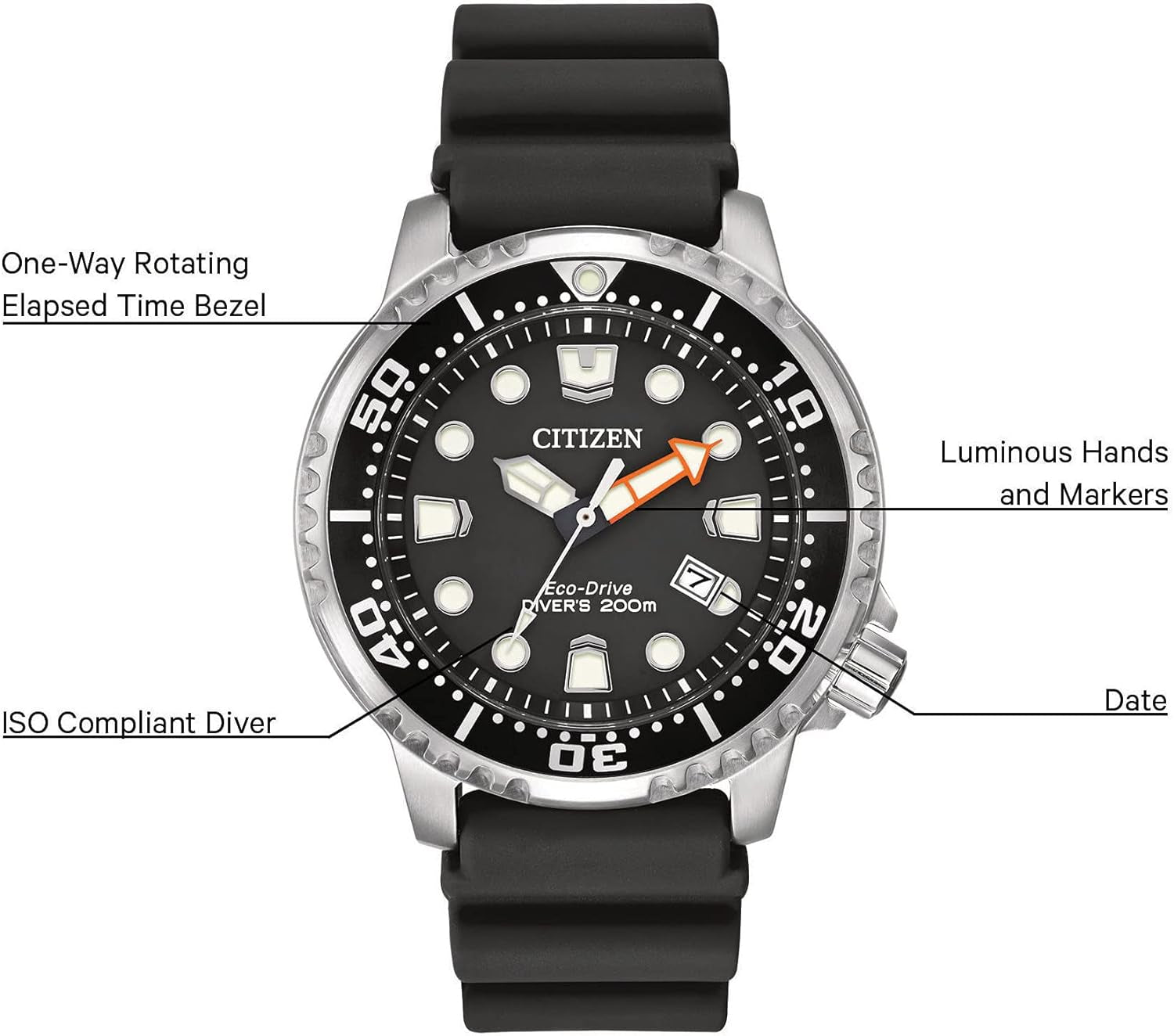Promaster Dive Eco-Drive Watch, 3-Hand Date, ISO Certified, Luminous Hands and Markers, Rotating Bezel