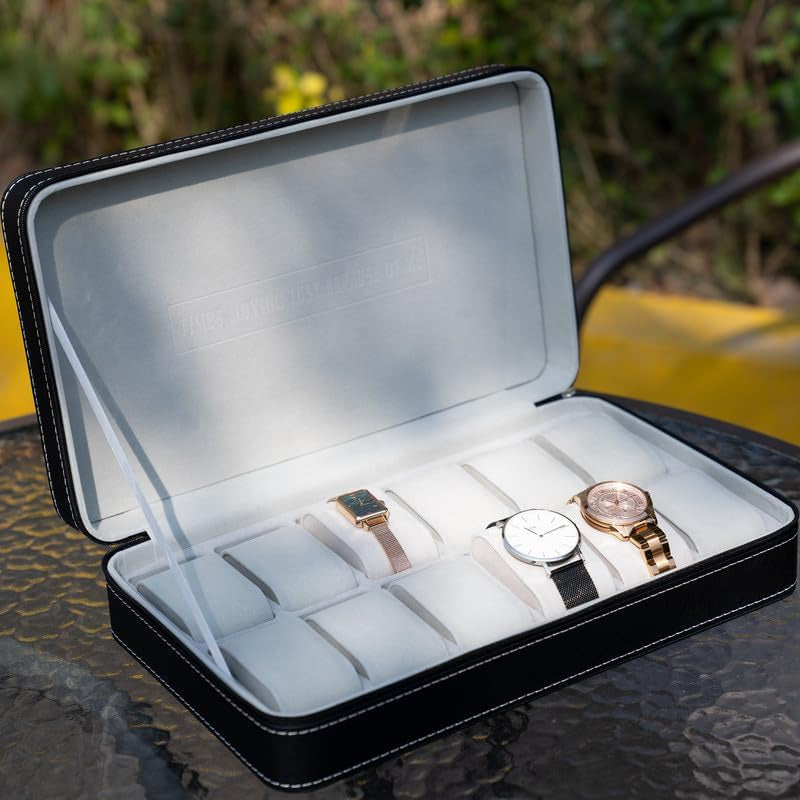 Watch Box for Men, 12-Slot Watch Display Case with Zipper, Father'S Day Gift Mens Watch Holder, PU Leather Watch Storage Box, Removable Watch Pillows, Jewelry and Watch Storage Case, Black