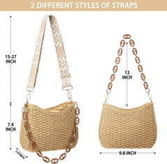 Beach Straw Bags for Women, Summer Chic Woven Bag Classic Womens Straw Handbags Straw Crossbody Bag with Chain (Brown)