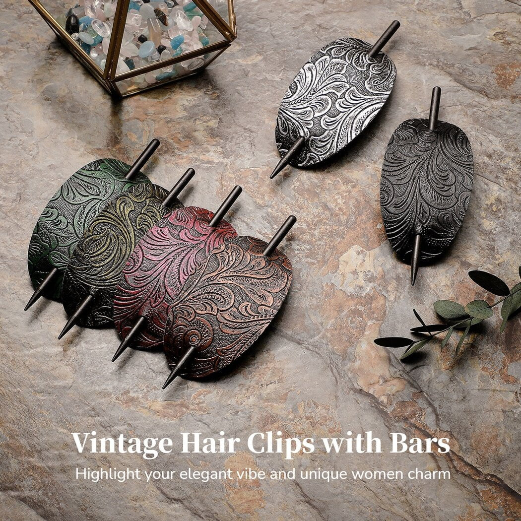 6PCS Hair Clips with Wooden Sticks, Classical Vintage Faux Leather Oval Hair Clips with Wooden Push Bars, Bohemian Ponytail Holders Hair Accessories for Women Girls