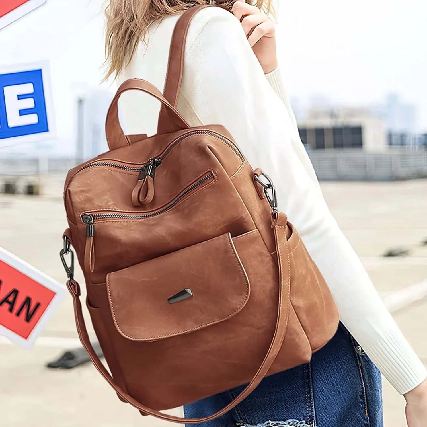 Women's Waterproof PU Leather Backpack Purse, Casual Brown Shoulder Handbag