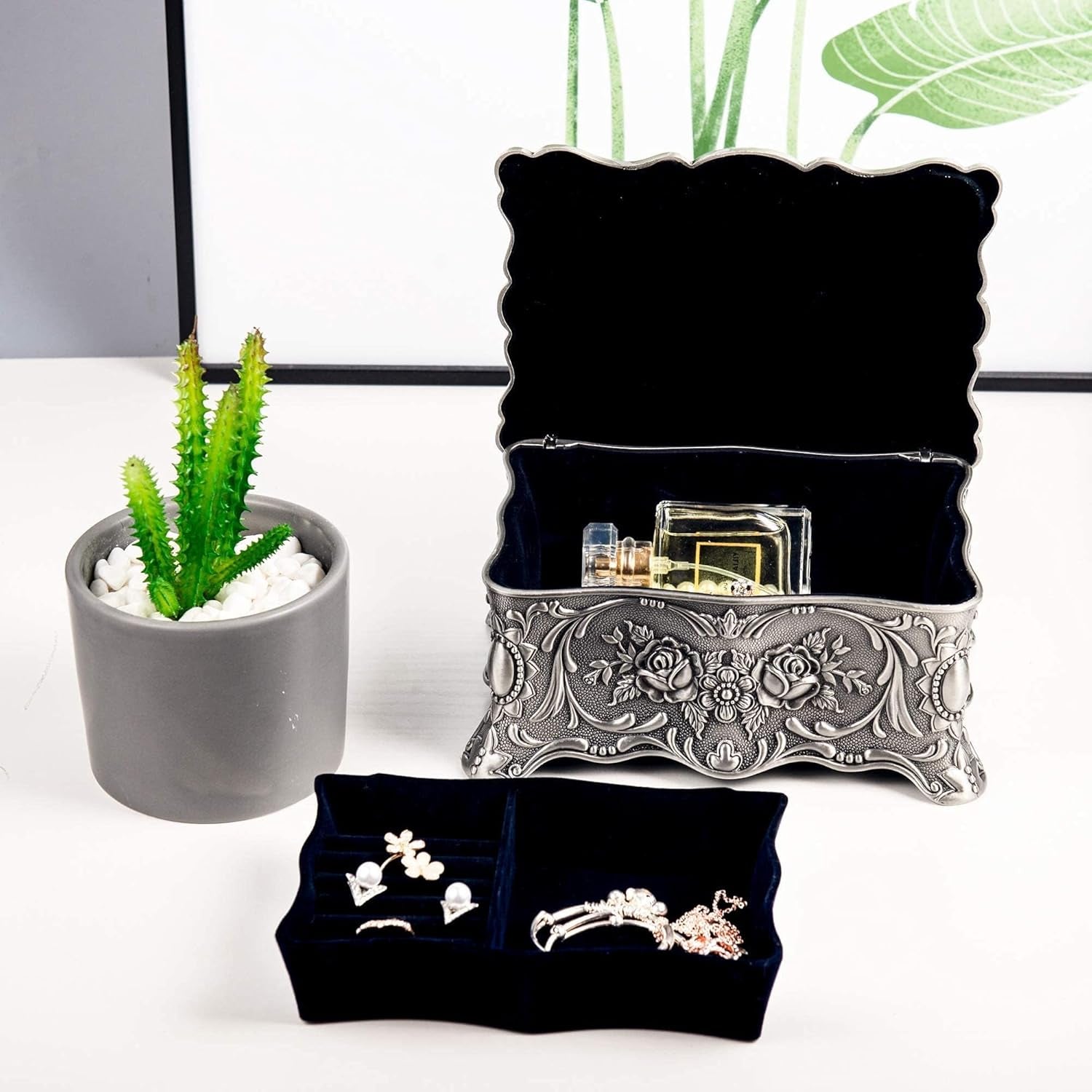 Vintage Trinket Jewelry Box Treasure Organizer Keepsake Box Ornate Antique Finish Engraved with 2 Layers Dividers inside (Pewter)