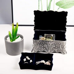 Vintage Trinket Jewelry Box Treasure Organizer Keepsake Box Ornate Antique Finish Engraved with 2 Layers Dividers inside (Pewter)
