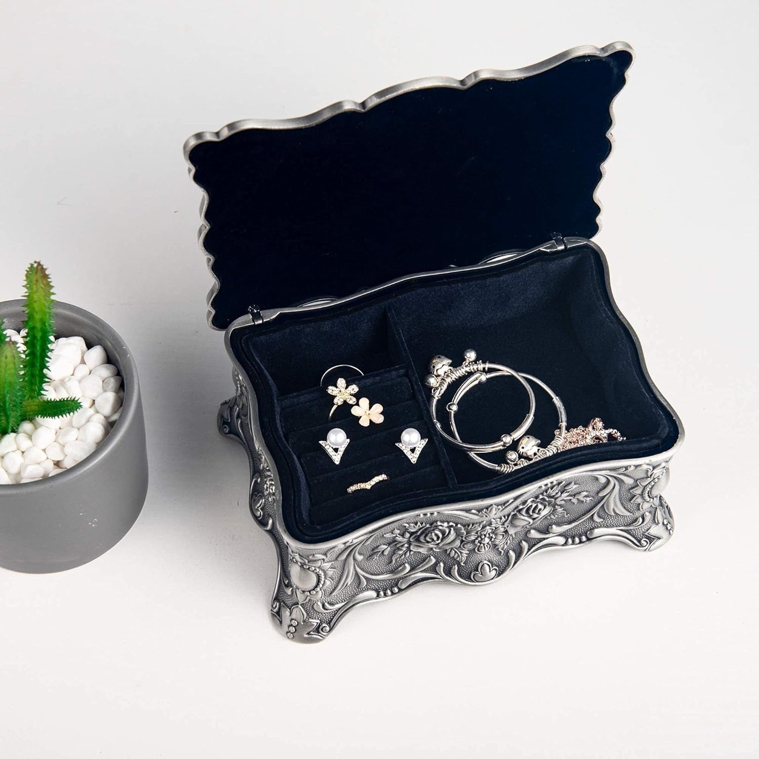Vintage Trinket Jewelry Box Treasure Organizer Keepsake Box Ornate Antique Finish Engraved with 2 Layers Dividers inside (Pewter)