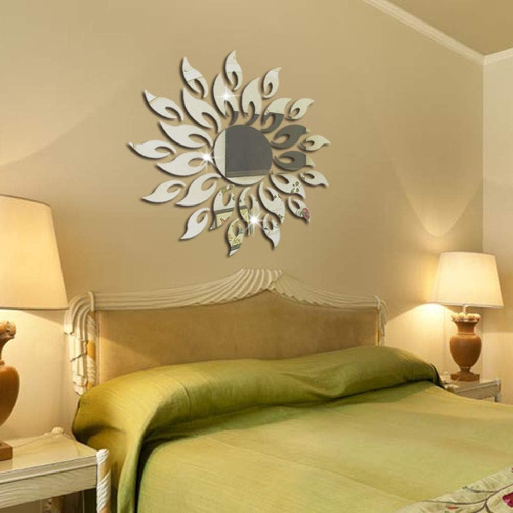 Sun Flower 3D Mirror Wall Stickers Sun Pattern Wall Stickers DIY round Flower Sunflower Removable Acrylic Modern Home Decoration Art (Silver)