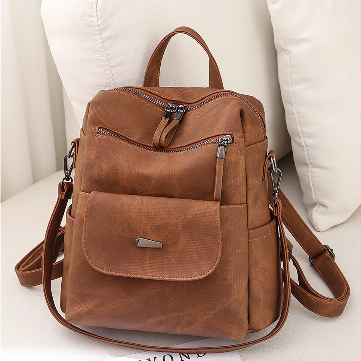 Women's Waterproof PU Leather Backpack Purse, Casual Brown Shoulder Handbag