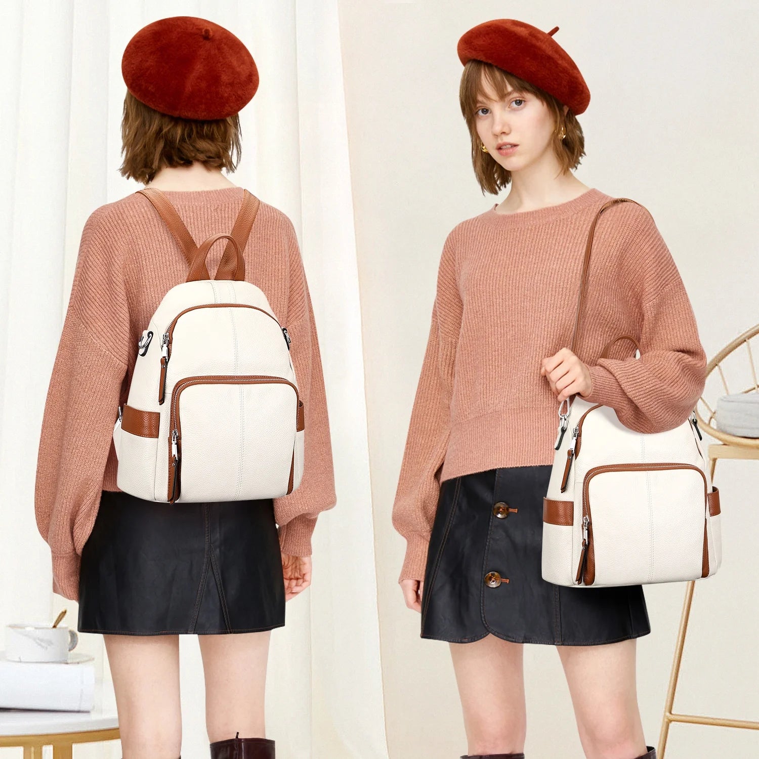 Anti-Theft Backpack Soft Leather Backpack for Women Fashion Shoulder Bag Purse S81 Beige/Brown