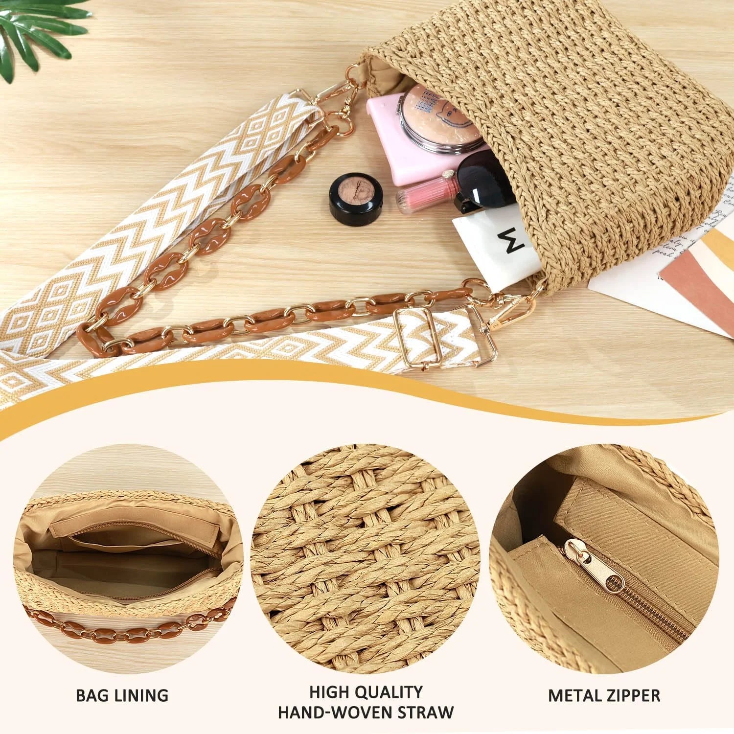 Beach Straw Bags for Women, Summer Chic Woven Bag Classic Womens Straw Handbags Straw Crossbody Bag with Chain (Brown)