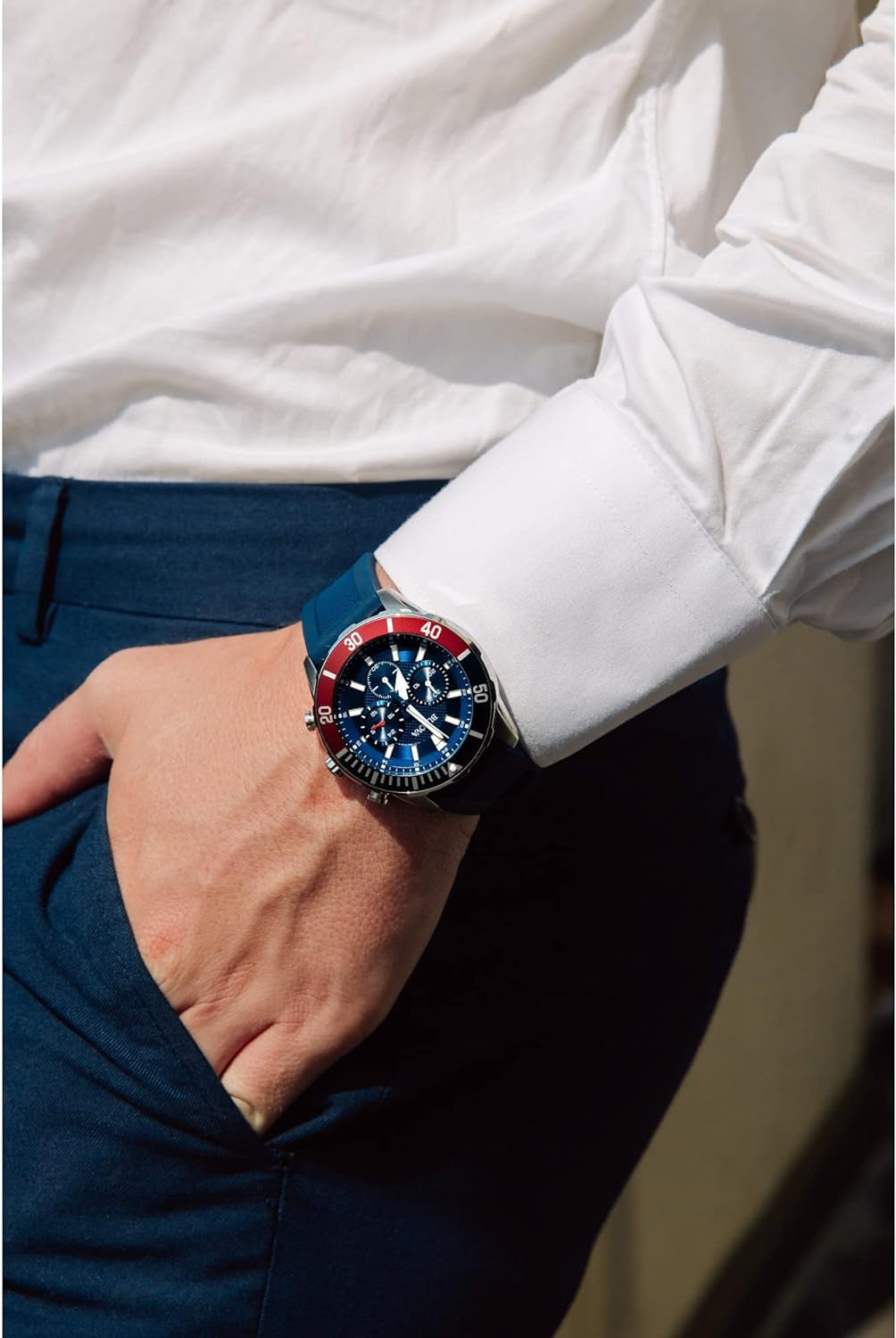 Men'S Sport 6-Hand Chronograph Quartz Watch with Silicone Strap, 24 Hour Time, Calendar Date, Luminous Hands and Markers, 100M Water Resistant, 44Mm Style: 98A288
