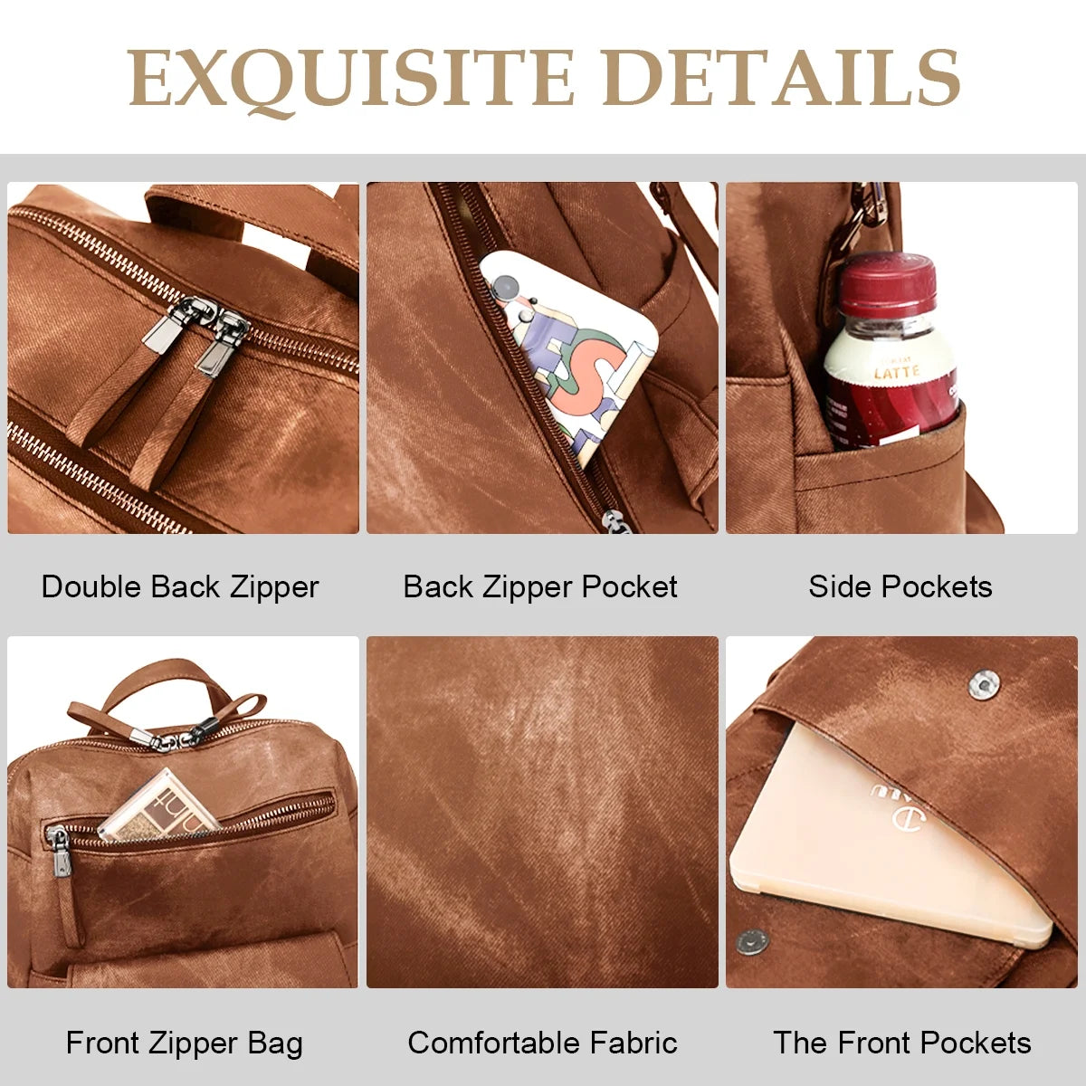Women's Waterproof PU Leather Backpack Purse, Casual Brown Shoulder Handbag