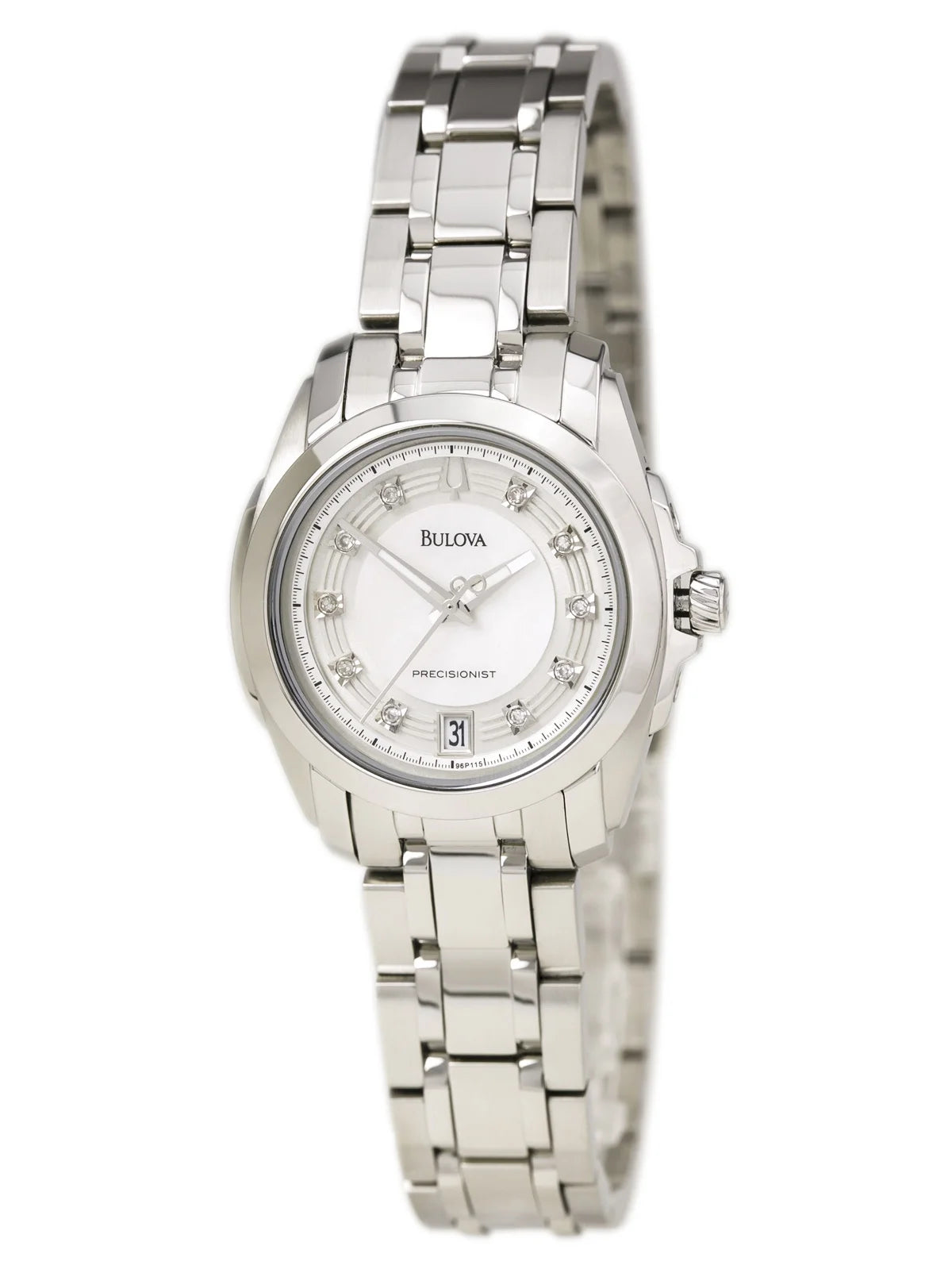 96P115 Women'S Longwood Domed Crystal Accents MOP Dial Steel Precisionist Watch