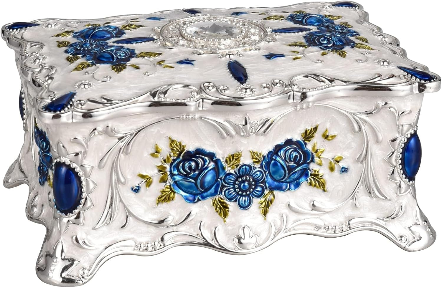 Vintage Trinket Jewelry Box Treasure Organizer Keepsake Box Ornate Antique Finish Engraved with 2 Layers Dividers inside (Pewter)