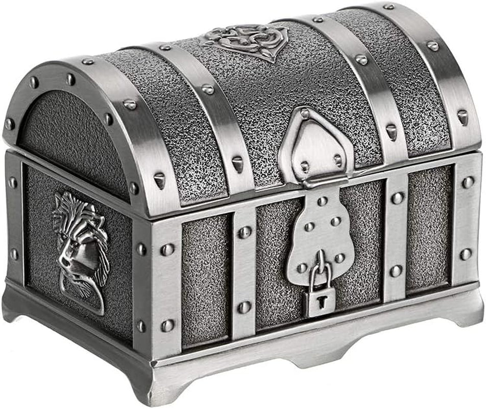 Vintage Metal Jewelry Box Treasure Trinket Chest,Smal Ring Earrings Necklace Keepsake Gift Holder Case for Ladies Women (Small) (Metallic Grey, Medium)