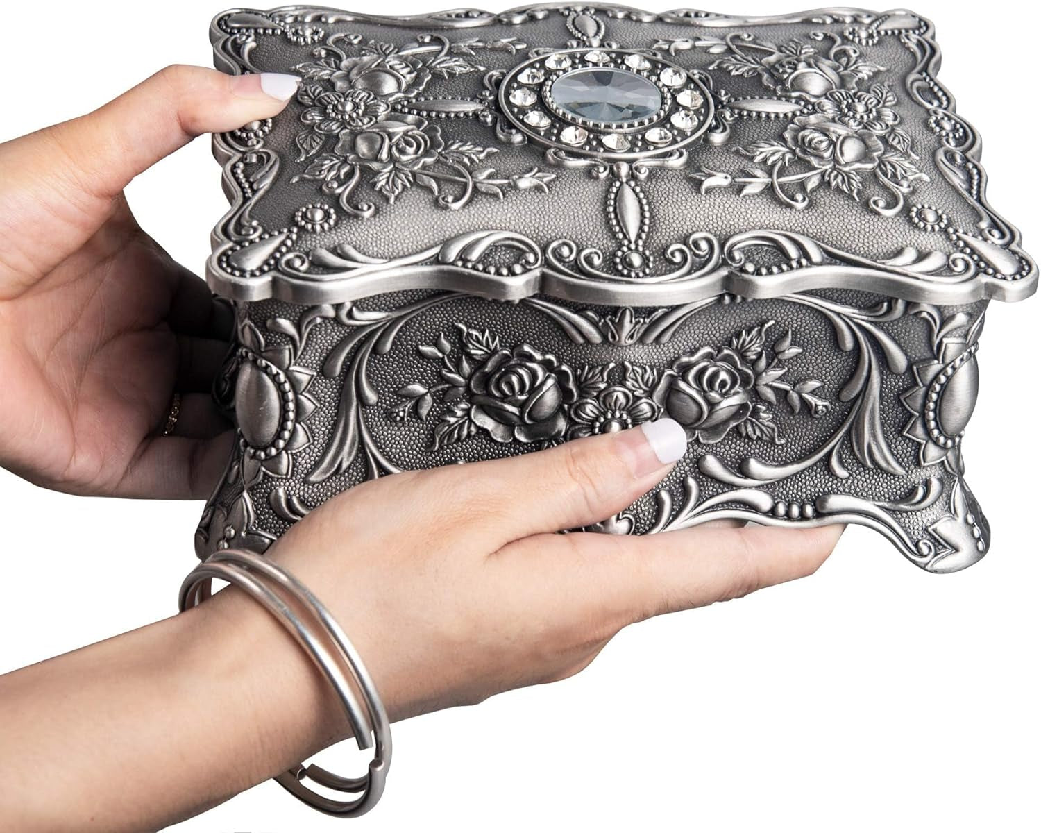Vintage Trinket Jewelry Box Treasure Organizer Keepsake Box Ornate Antique Finish Engraved with 2 Layers Dividers inside (Pewter)