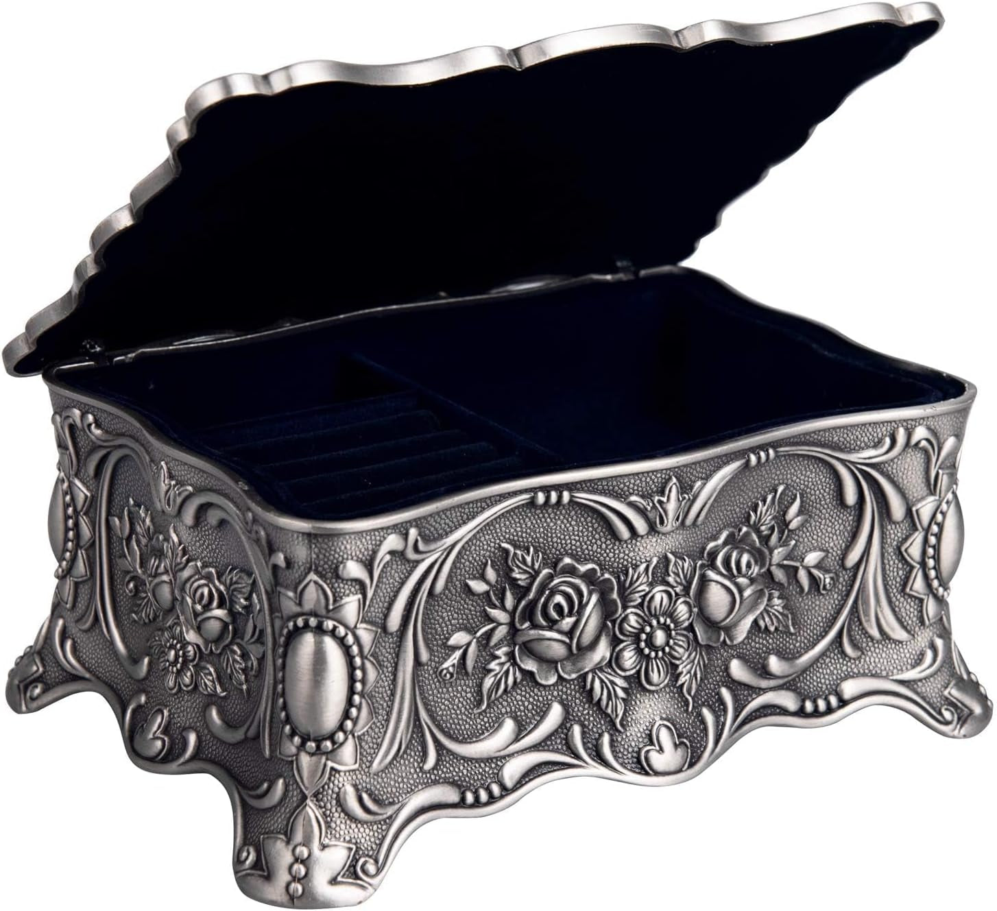 Vintage Trinket Jewelry Box Treasure Organizer Keepsake Box Ornate Antique Finish Engraved with 2 Layers Dividers inside (Pewter)