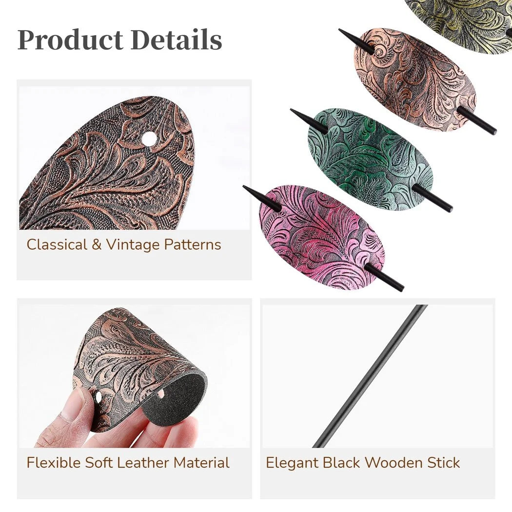 6PCS Hair Clips with Wooden Sticks, Classical Vintage Faux Leather Oval Hair Clips with Wooden Push Bars, Bohemian Ponytail Holders Hair Accessories for Women Girls