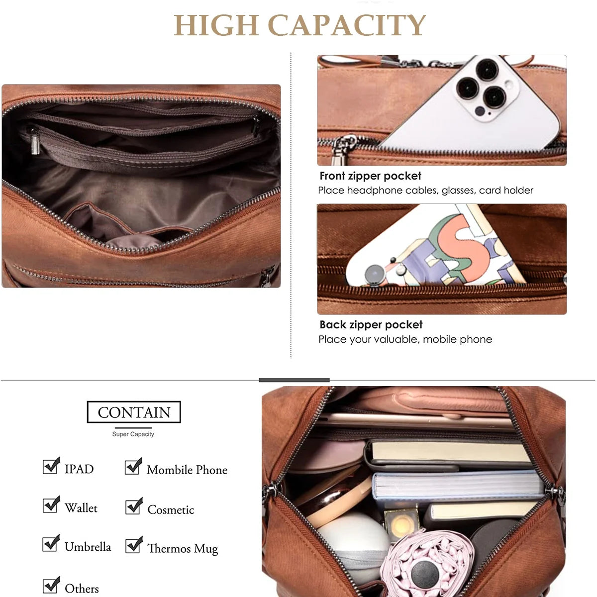 Women's Waterproof PU Leather Backpack Purse, Casual Brown Shoulder Handbag