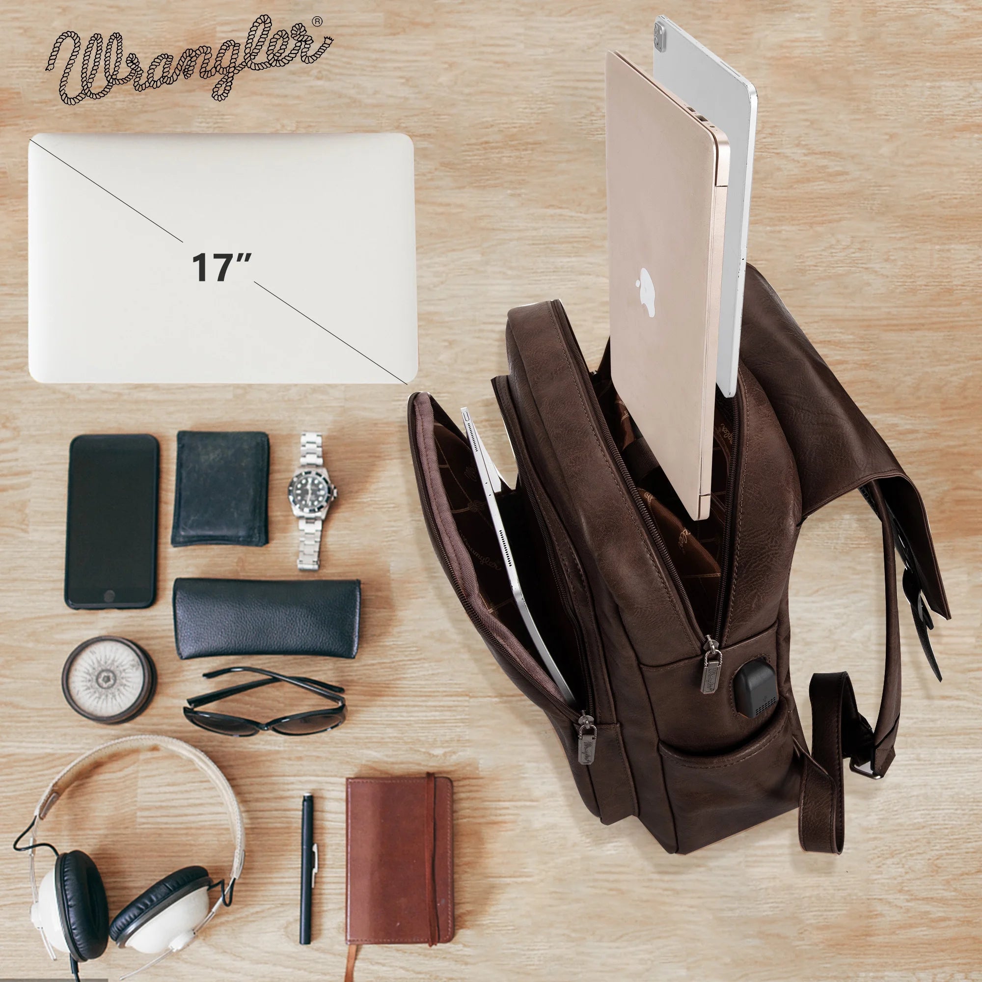 Wrangler Women's Leather Laptop Backpack Purse - Fashionable Pink and Coffee Design