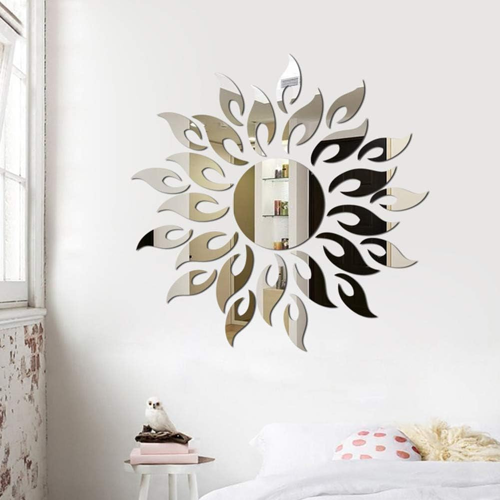 Sun Flower 3D Mirror Wall Stickers Sun Pattern Wall Stickers DIY round Flower Sunflower Removable Acrylic Modern Home Decoration Art (Silver)