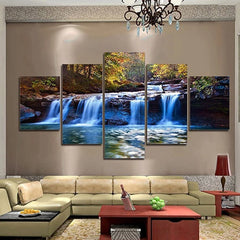 Art Peaceful Waterfall Canvas Prints Wall Art Green Trees Pictures Paintings for Living Room Home Decorations Modern 5 Pcs Stretched and Framed Forest Landscape Giclee Artwork