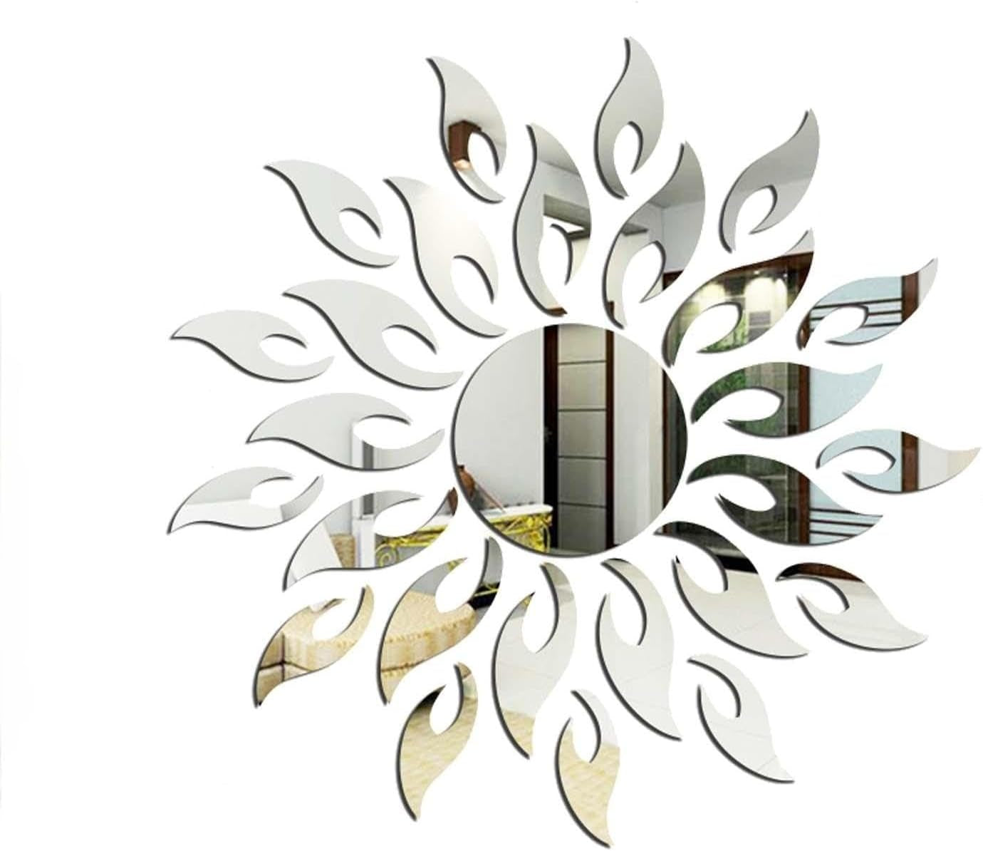 Sun Flower 3D Mirror Wall Stickers Sun Pattern Wall Stickers DIY round Flower Sunflower Removable Acrylic Modern Home Decoration Art (Silver)