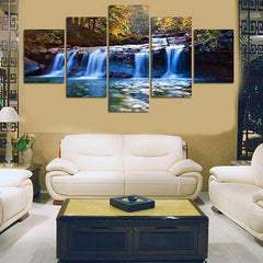 Art Peaceful Waterfall Canvas Prints Wall Art Green Trees Pictures Paintings for Living Room Home Decorations Modern 5 Pcs Stretched and Framed Forest Landscape Giclee Artwork