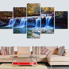 Art Peaceful Waterfall Canvas Prints Wall Art Green Trees Pictures Paintings for Living Room Home Decorations Modern 5 Pcs Stretched and Framed Forest Landscape Giclee Artwork