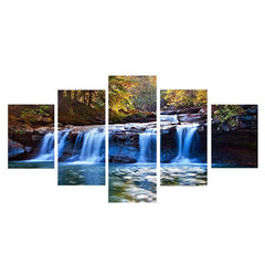 Art Peaceful Waterfall Canvas Prints Wall Art Green Trees Pictures Paintings for Living Room Home Decorations Modern 5 Pcs Stretched and Framed Forest Landscape Giclee Artwork