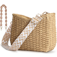 Beach Straw Bags for Women, Summer Chic Woven Bag Classic Womens Straw Handbags Straw Crossbody Bag with Chain (Brown)