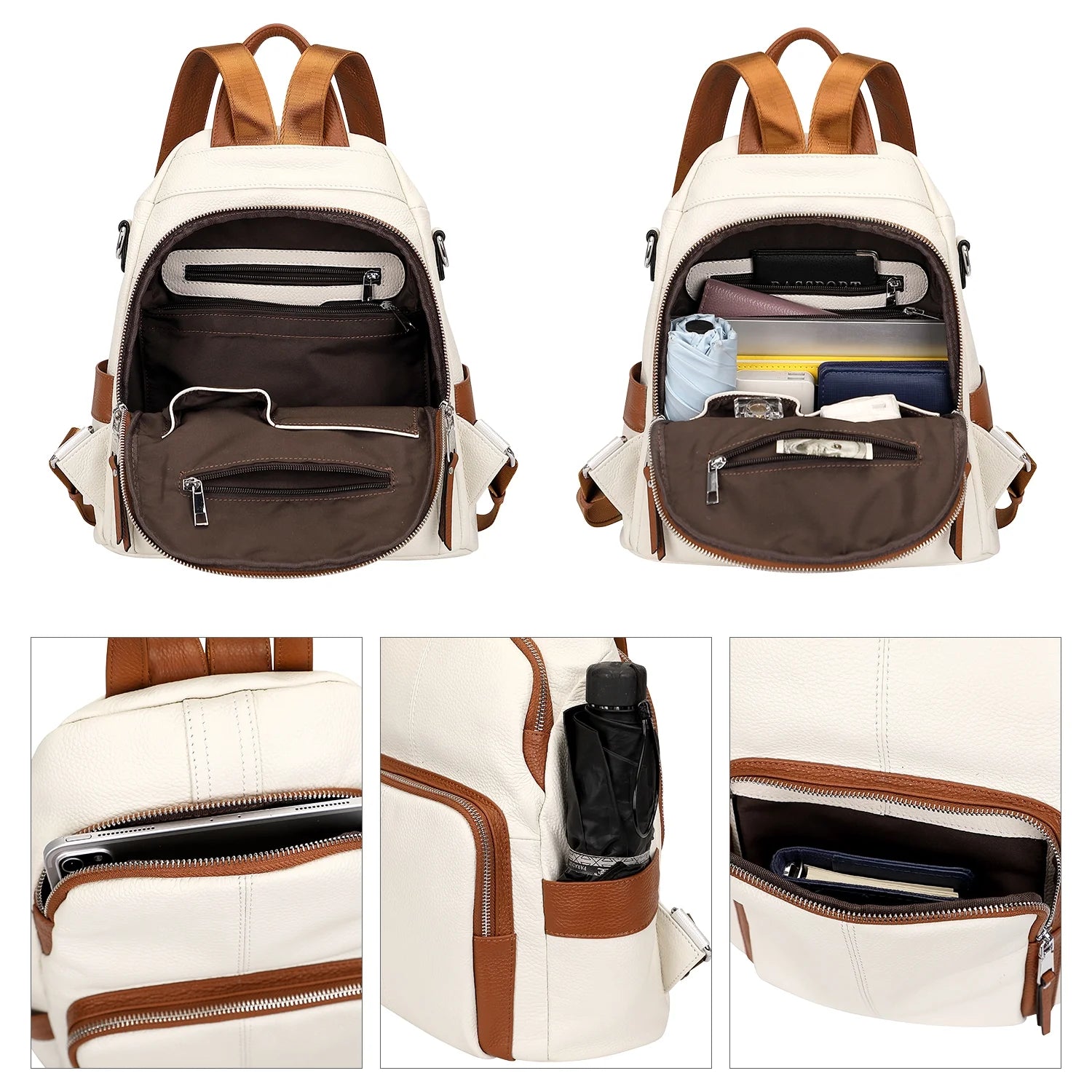 Anti-Theft Backpack Soft Leather Backpack for Women Fashion Shoulder Bag Purse S81 Beige/Brown