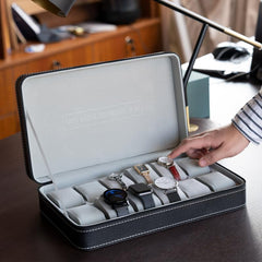 Watch Box for Men, 12-Slot Watch Display Case with Zipper, Father'S Day Gift Mens Watch Holder, PU Leather Watch Storage Box, Removable Watch Pillows, Jewelry and Watch Storage Case, Black