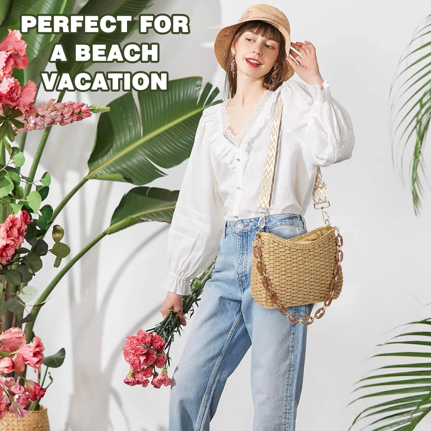 Beach Straw Bags for Women, Summer Chic Woven Bag Classic Womens Straw Handbags Straw Crossbody Bag with Chain (Brown)